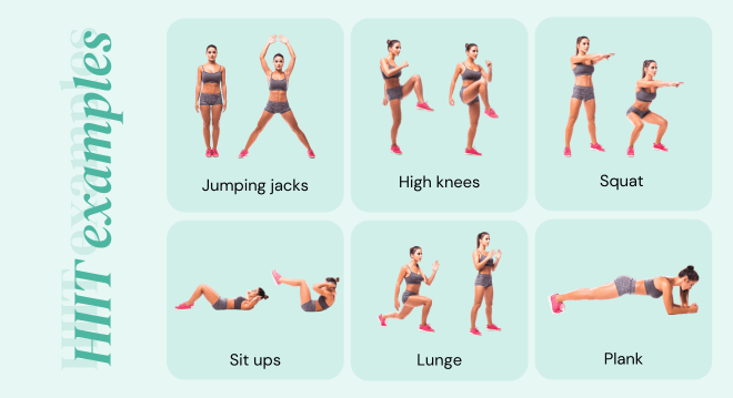 woman doing different HIIT workouts - HIIIT examples from home - weight loss