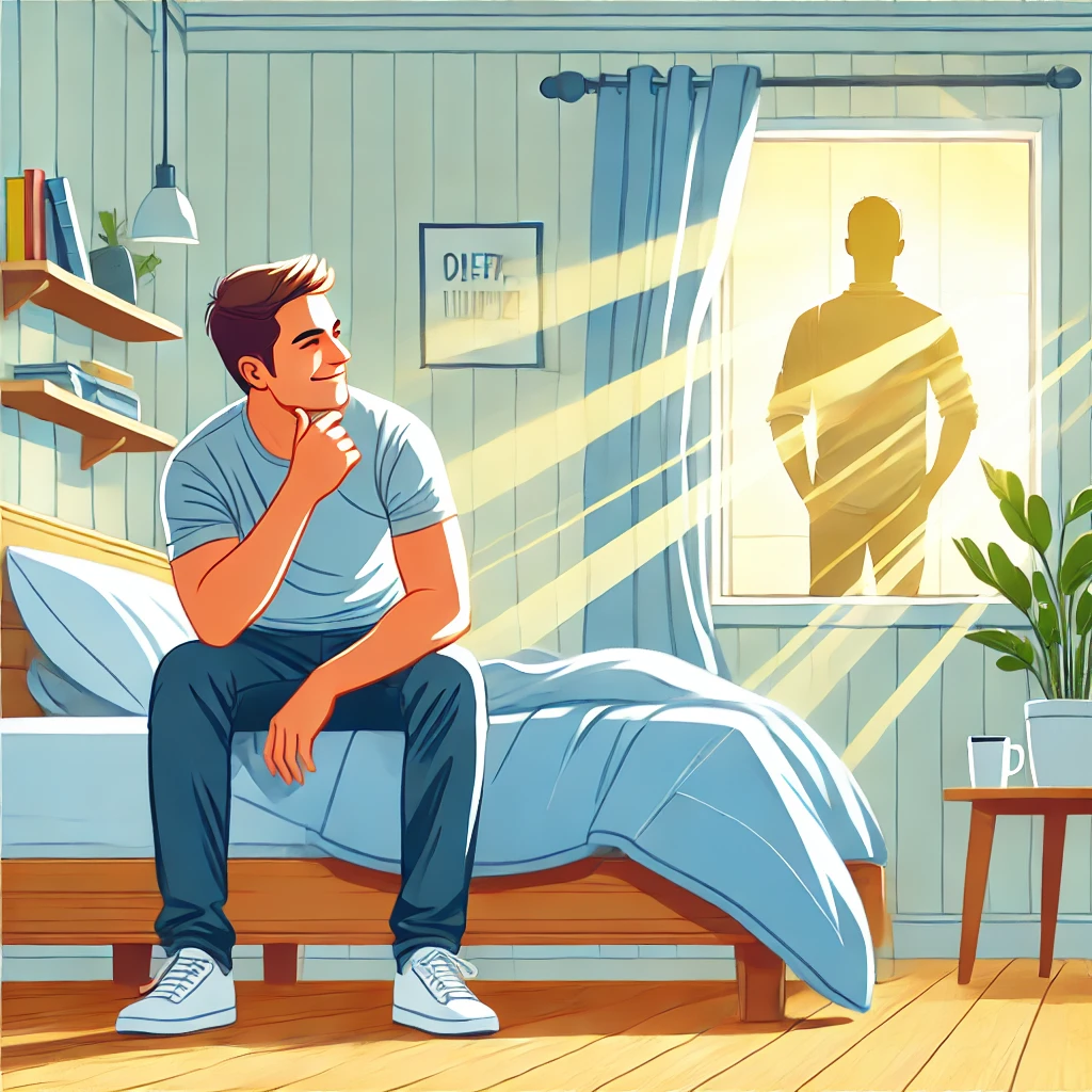 A positive and uplifting digital illustration showing a young man sitting confidently on the edge of a bed in a brightly lit, modern bedroom.